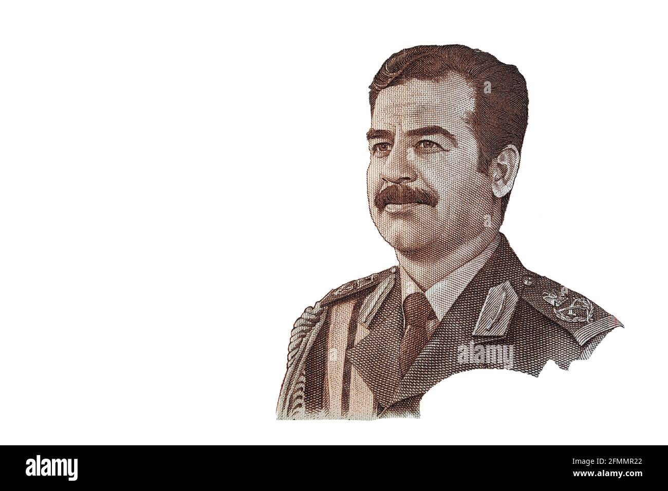 Saddam Hussein ha tagliato da 25 banconote da dinaro irachene emesse in 1986 per scopi di progettazione Foto Stock