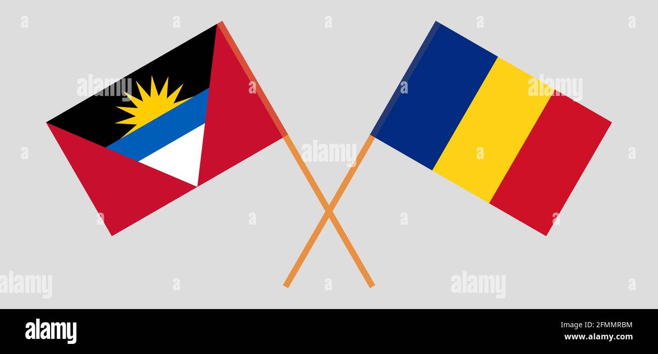 Bandiere incrociate di Romania e Antigua e Barbuda. Colori ufficiali. Proporzione corretta. Illustrazione vettoriale Illustrazione Vettoriale