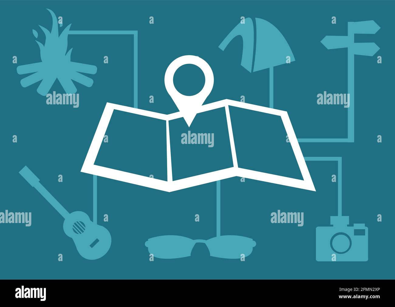 Illustrazione vettoriale sul concetto di campeggio con icone di falò, tenda, segno di direzione, chitarra, occhiali da sole e macchina fotografica collegati a una mappa al centro. Illustrazione Vettoriale