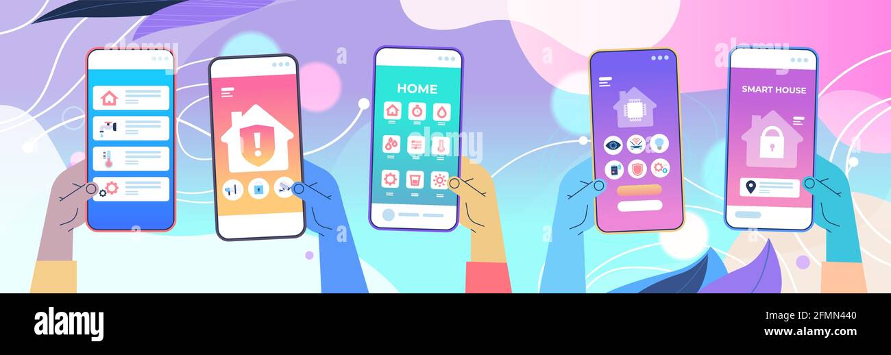 mani umane che utilizzano le app mobili per il controllo del sistema smart house sugli schermi degli smartphone tecnologia e stile di vita Illustrazione Vettoriale