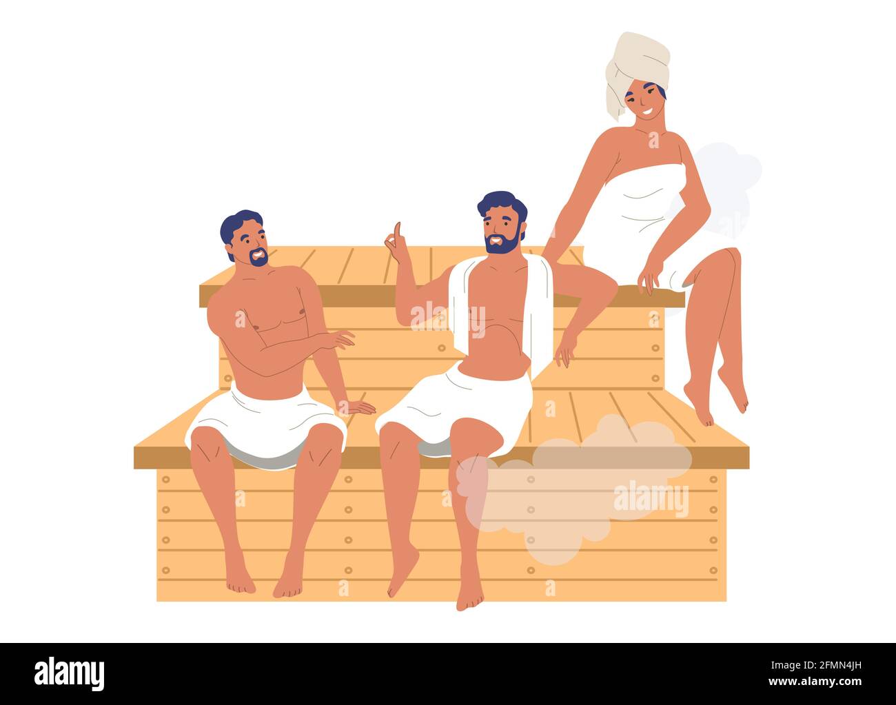 Happy People amici rilassarsi godendo di bagno di vapore, sauna, illustrazione vettoriale. Centro benessere, bagno turco, vasca per la terapia Illustrazione Vettoriale