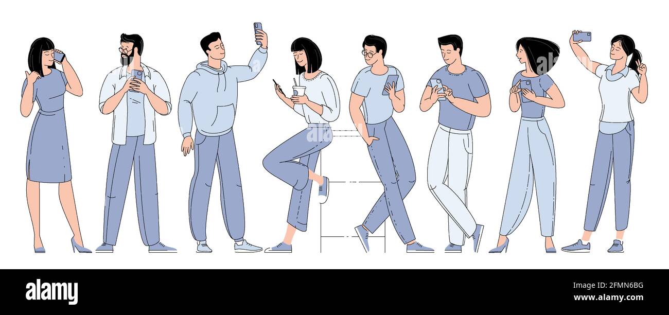 set di uomo e donna con smartphone Illustrazione Vettoriale