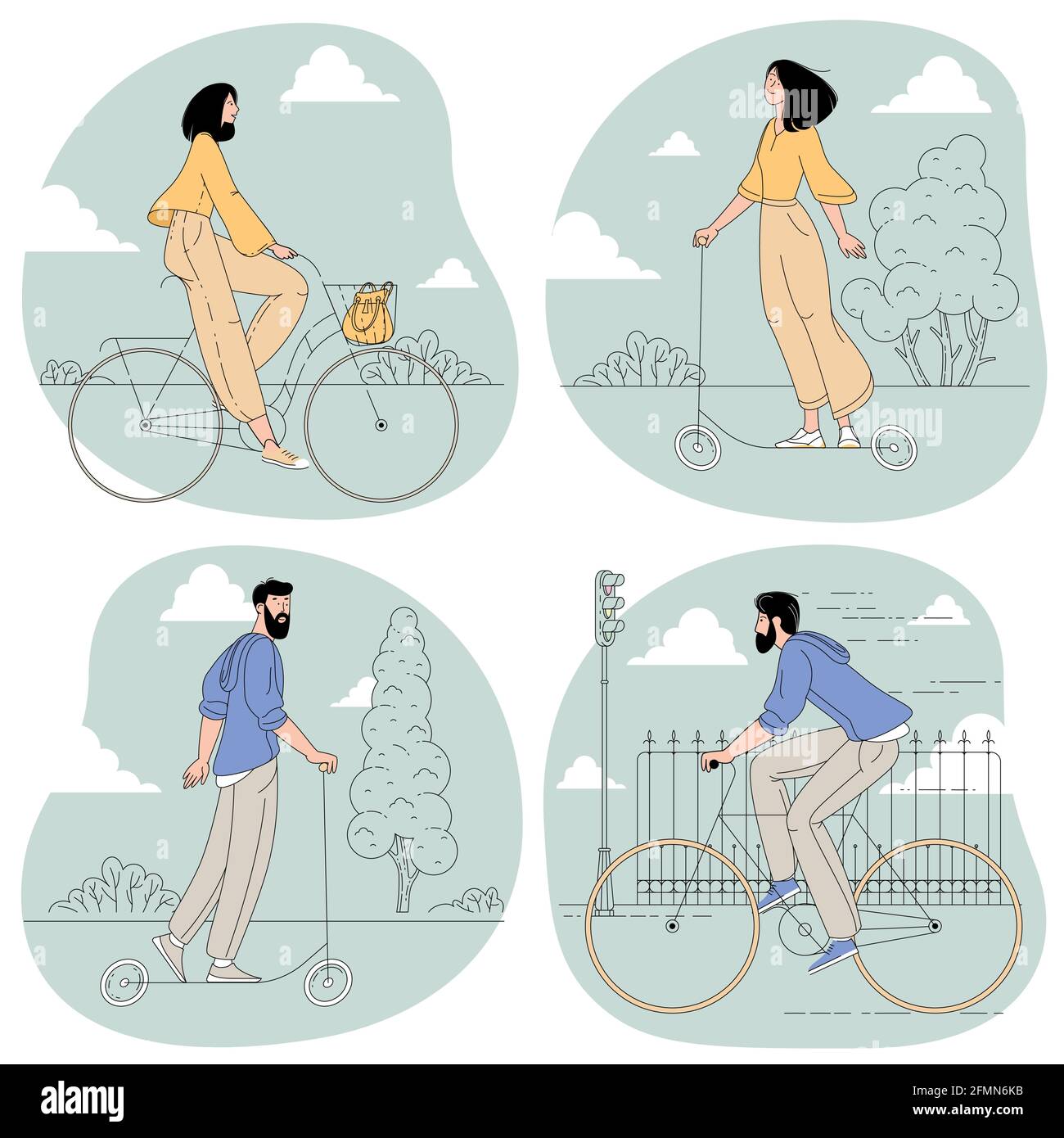 moto e scooter elettrici uomo e donna Illustrazione Vettoriale