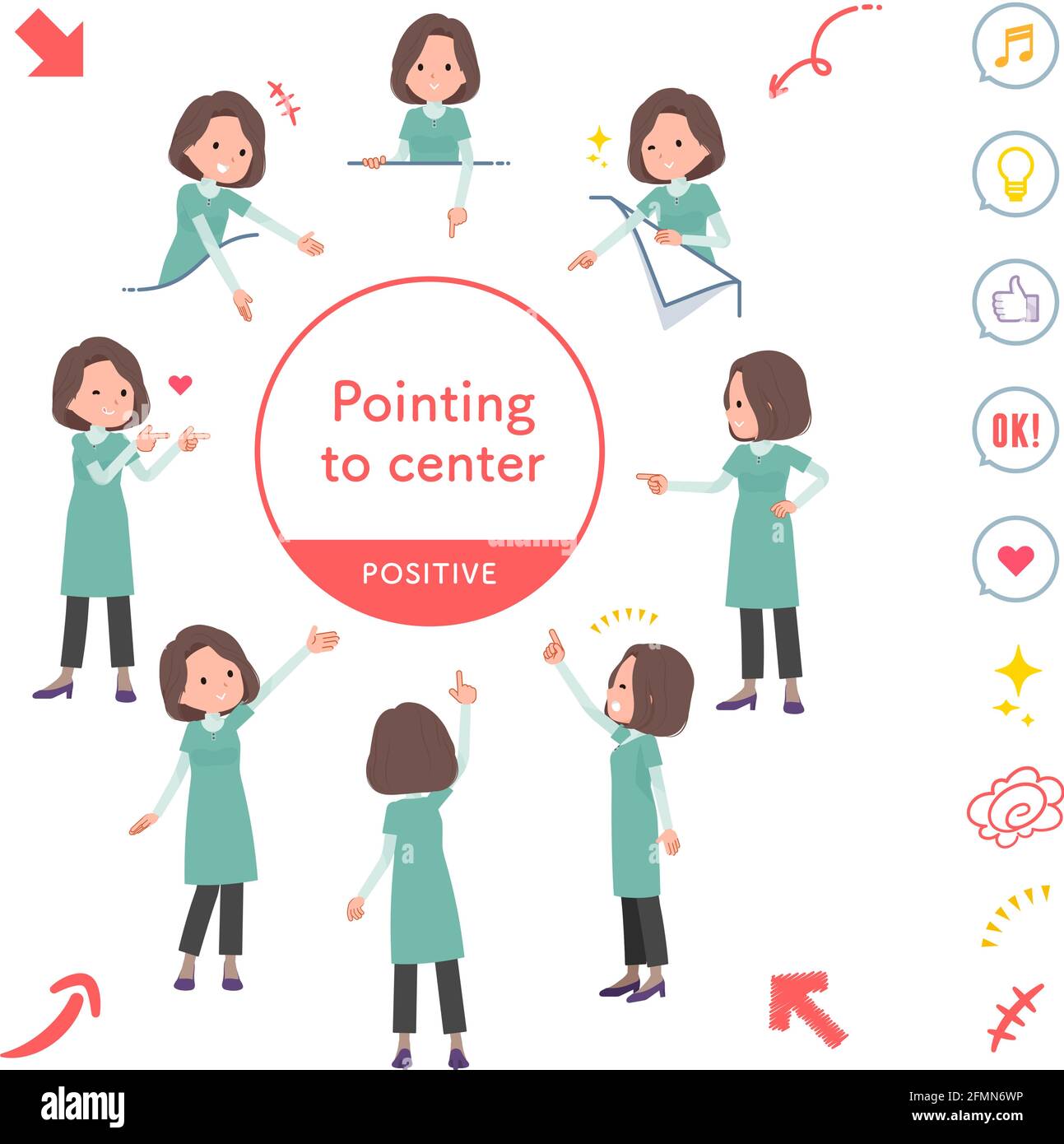 Un insieme di donne di mezza età in tunica che punta in direzioni diverse.espressione positiva.è vettore arte così facile da modificare. Illustrazione Vettoriale