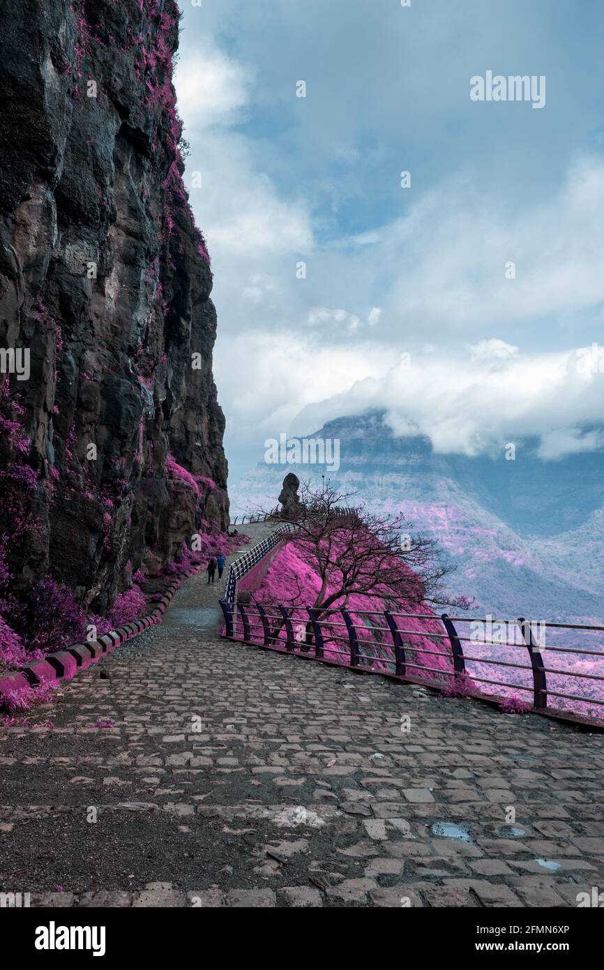 Splendido paesaggio a infrarossi con vista panoramica a Malshej Ghat a Maharashtra, India Foto Stock