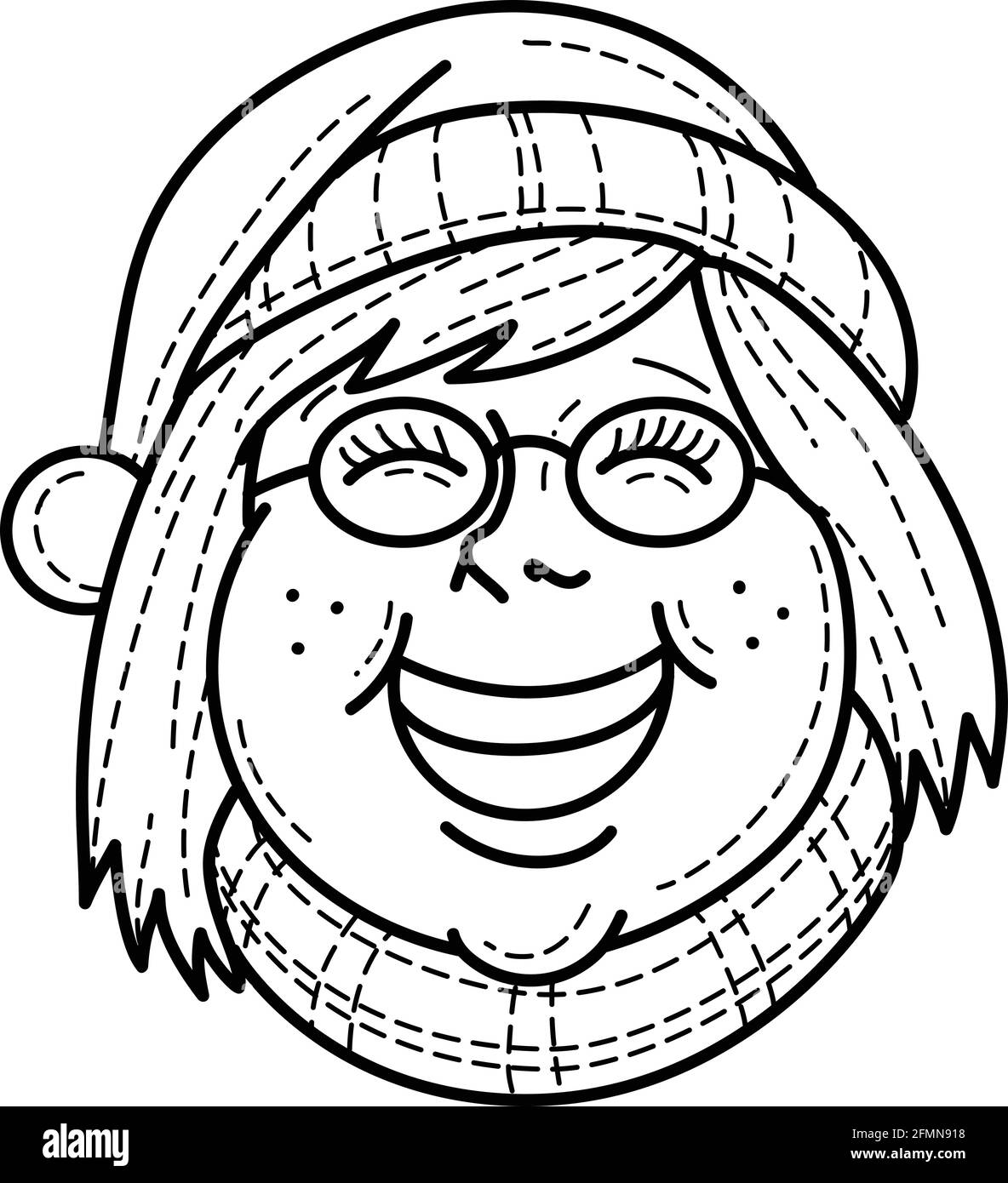 Illustrazione della linea mono della testa di una ragazza che indossa Babbo Natale cappello e sciarpa sorridente e canto carol di Natale visto da frontale realizzato in nero monoline e. Illustrazione Vettoriale