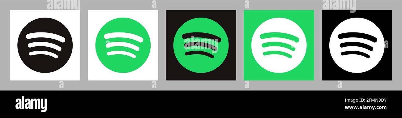 Vinnytsia, Ucraina - 5 maggio 2021: Set di cinque icone spotify in diverse vasioni. Logo dei social media Illustrazione Vettoriale