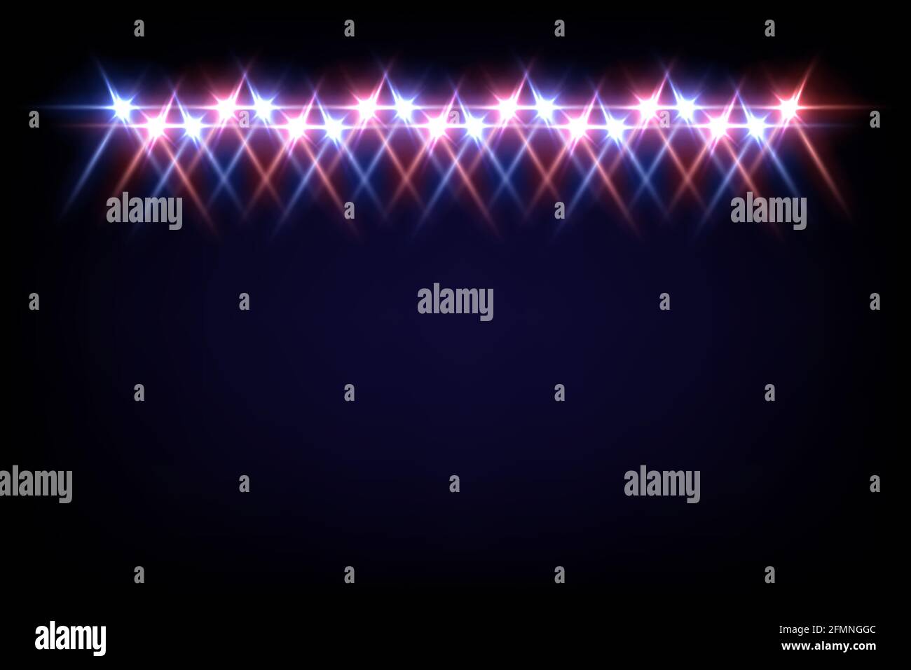 Luce rossa e blu dai proiettori su sfondo nero. Faretto con effetto fascio sull'illustrazione vettoriale della tavola. Astratto luminosa discoteca alla festa Illustrazione Vettoriale