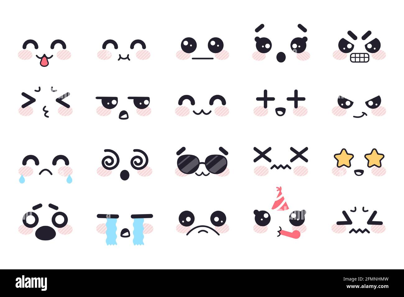 Kawaii facce carine. Emozioni manga giapponese paura, pianto e rabbia, apatia e morte, gioia e sorpresa anime doodle isolato vettore insieme. Faccia con gli occhiali da sole, gli occhi delle stelle, il cappello di compleanno Illustrazione Vettoriale