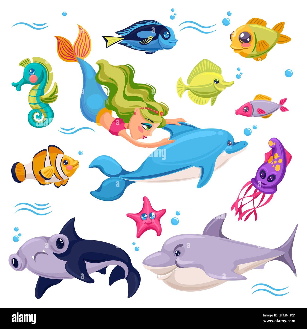 Animali di mare. Creature oceaniche pesci, squali e stelle marine, delfini con sirena, seppie e cavallucci marini cartoni animati mondo sottomarino. Fauna selvatica, pesci nuoto, natura acquatica Illustrazione Vettoriale