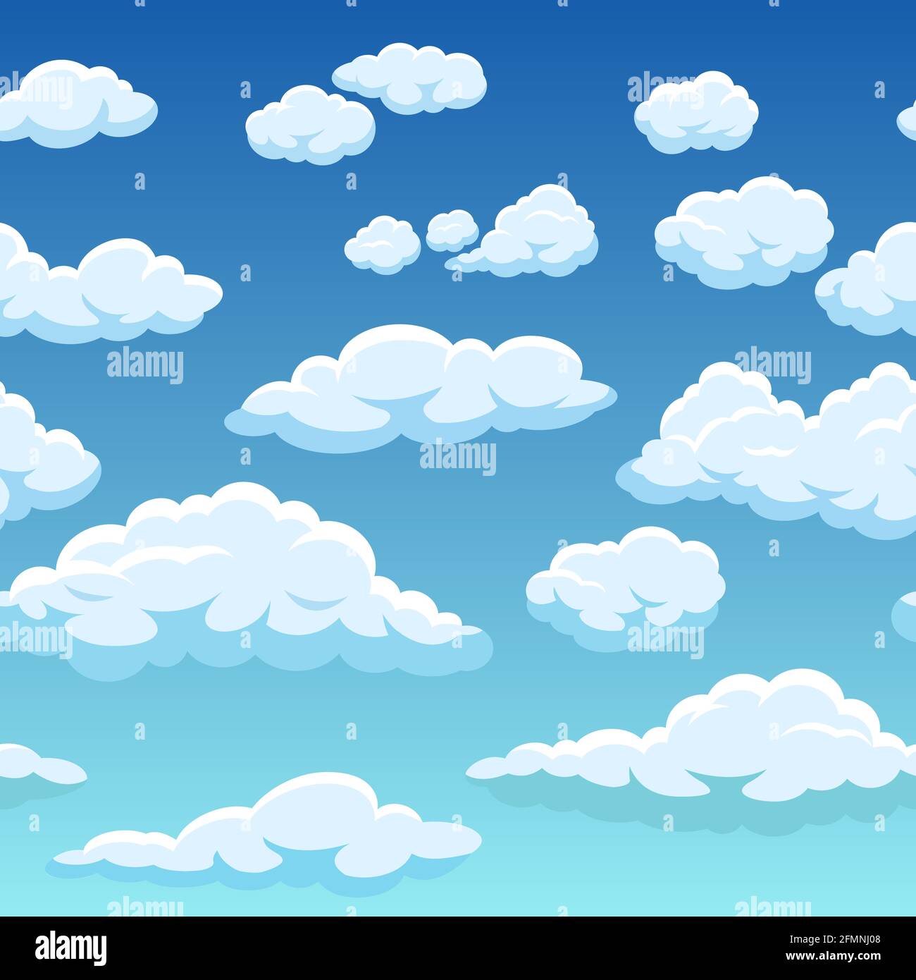 Cielo senza cuciture con nuvole. Cute cielo blu nuvoloso modello di gioco 2d, cielo estate meteo sfondo texture vettoriale. Vista del paesaggio nuvoloso per carta da parati o carta da parati per bambini o libro dal design luminoso Illustrazione Vettoriale