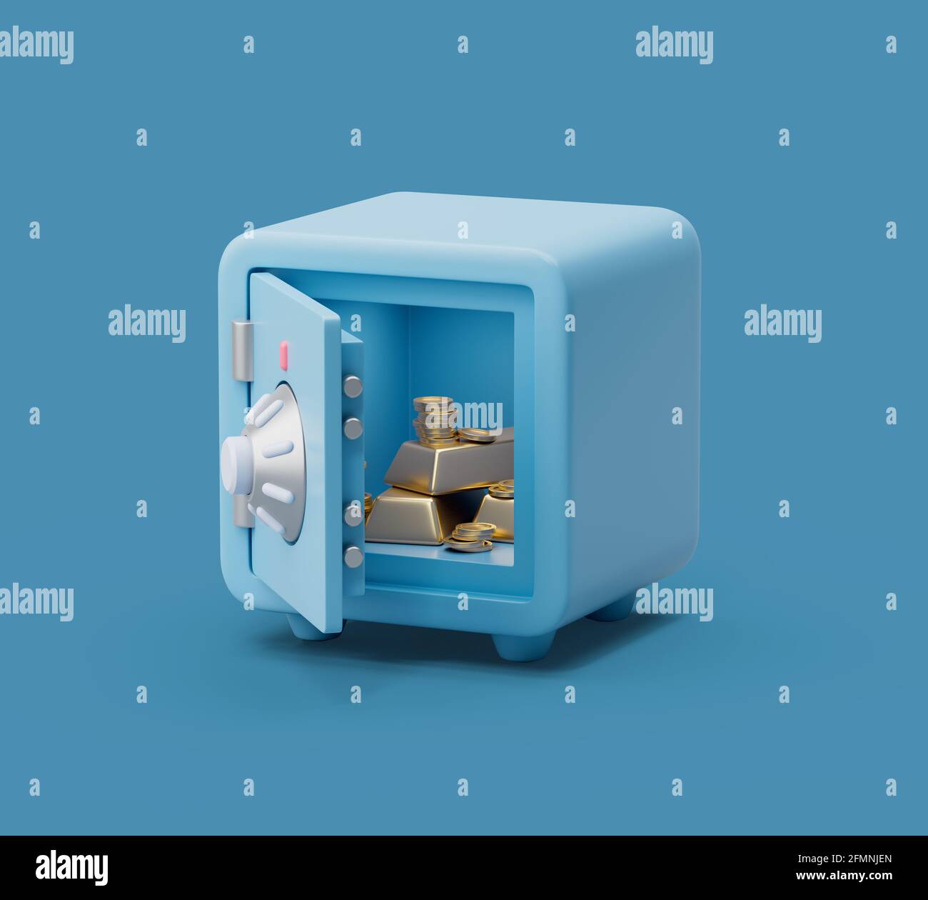 Open Safe box con tesoro interno vista frontale su sfondo blu pastello con ombre tenui. Semplice illustrazione di rendering 3d. Foto Stock