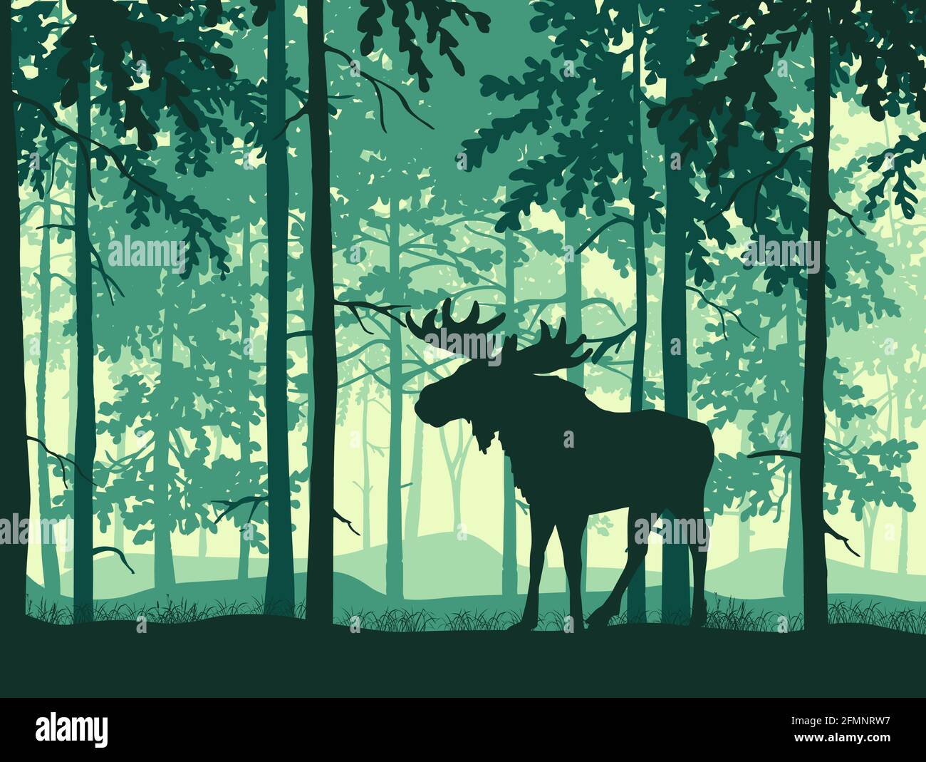 Moose con corna in posa, sfondo forestale, silhouette di alberi. Magico paesaggio nebboso. Illustrazione blu, verde. Illustrazione Vettoriale