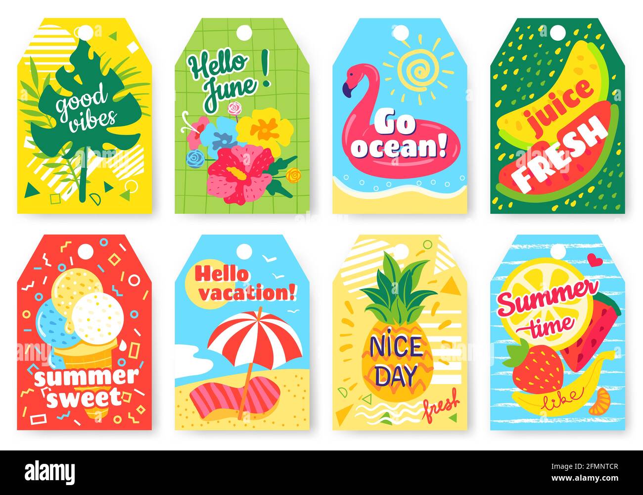 Tag estivi. Etichette estive con cocomero, fragole. Tag regalo con frutta, fiori, foglie tropicali, gelato, spiaggia, oceano. Vettore etichetta scheda vacanze. Elementi luminosi con frutta Illustrazione Vettoriale