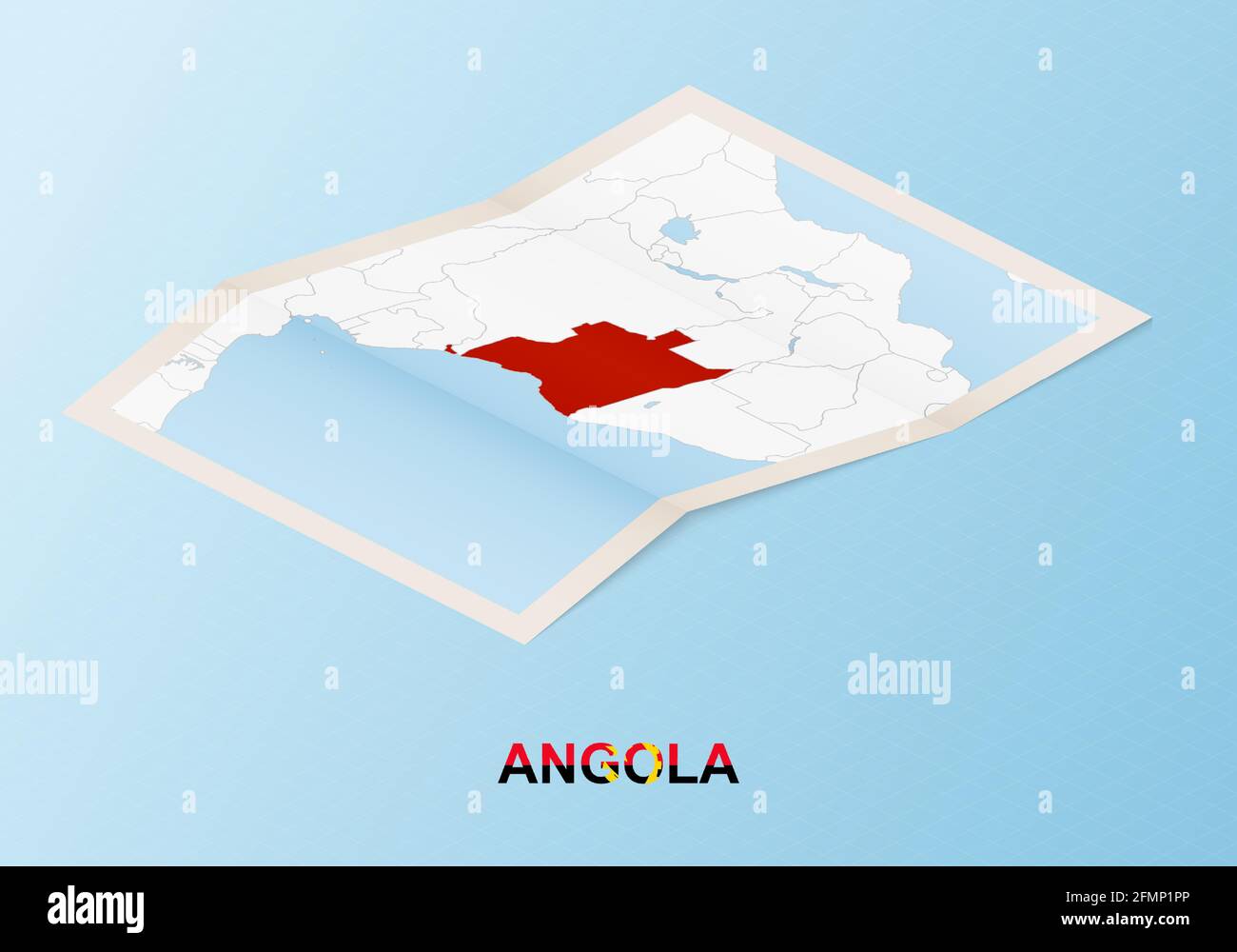 Mappa su carta piegata dell'Angola con paesi vicini in stile isometrico su sfondo vettoriale blu. Illustrazione Vettoriale