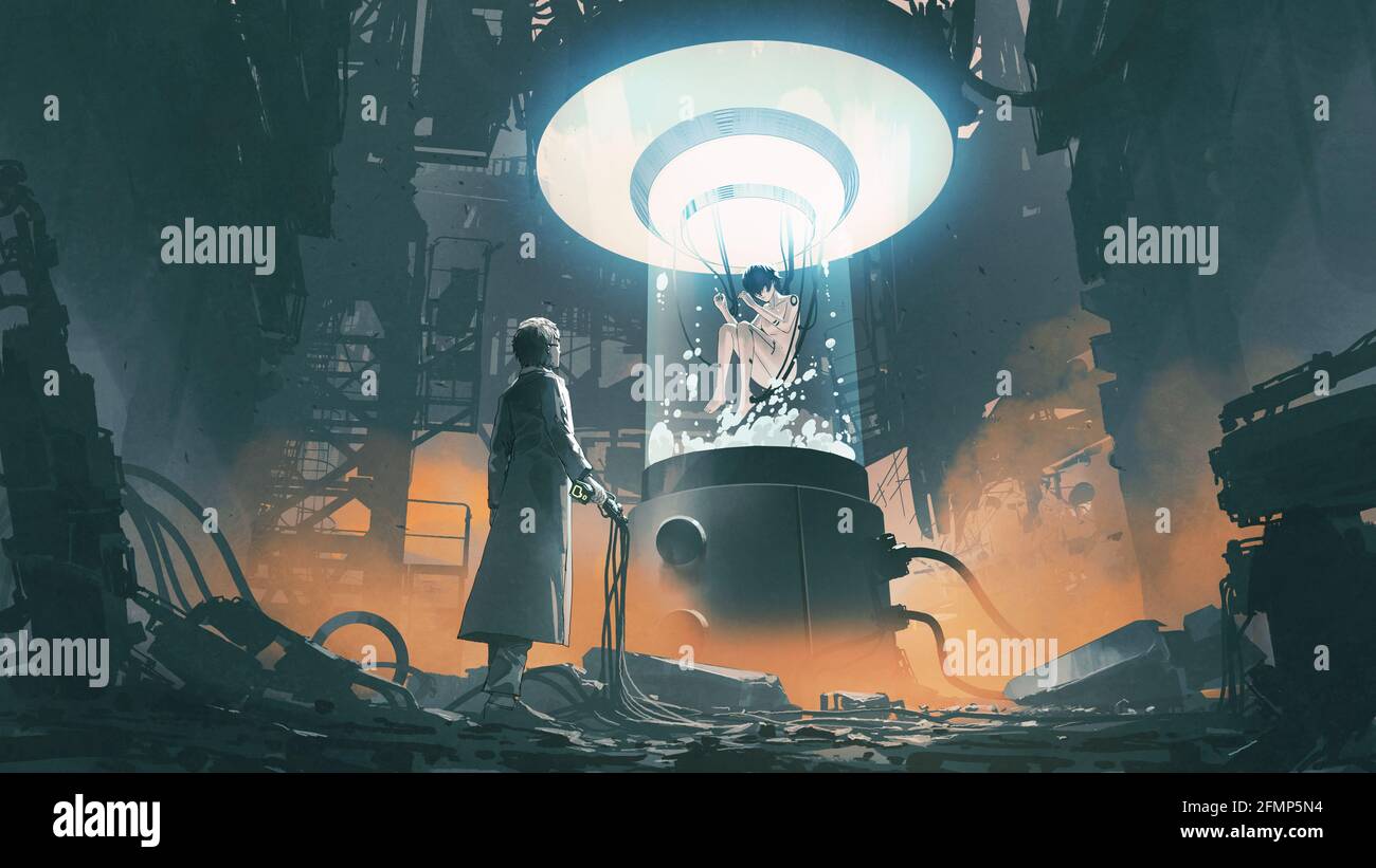 scienziato che tiene un telecomando e guarda una donna in un serbatoio da laboratorio, stile arte digitale, pittura di illustrazione Foto Stock