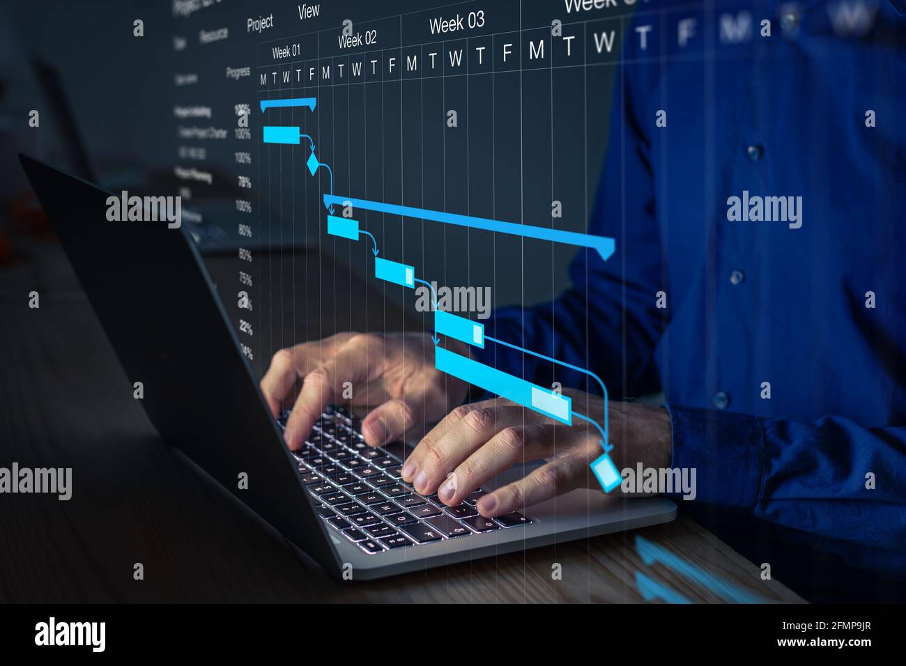Project manager che lavora sul grafico di Gantt per aggiornare il programma, le attività e i progressi delle fasi cardine per il team. Schema di gestione sullo schermo del computer con Foto Stock