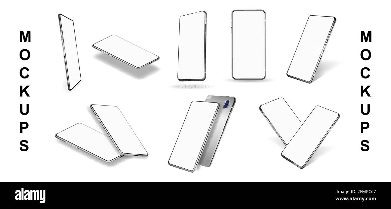 Mokup di telefoni cellulari in stile realistico. Schermo bianco vuoto con angoli diversi. Gadget di raccolta 3D in frontale, isometrico, prospettico e ruotato Illustrazione Vettoriale
