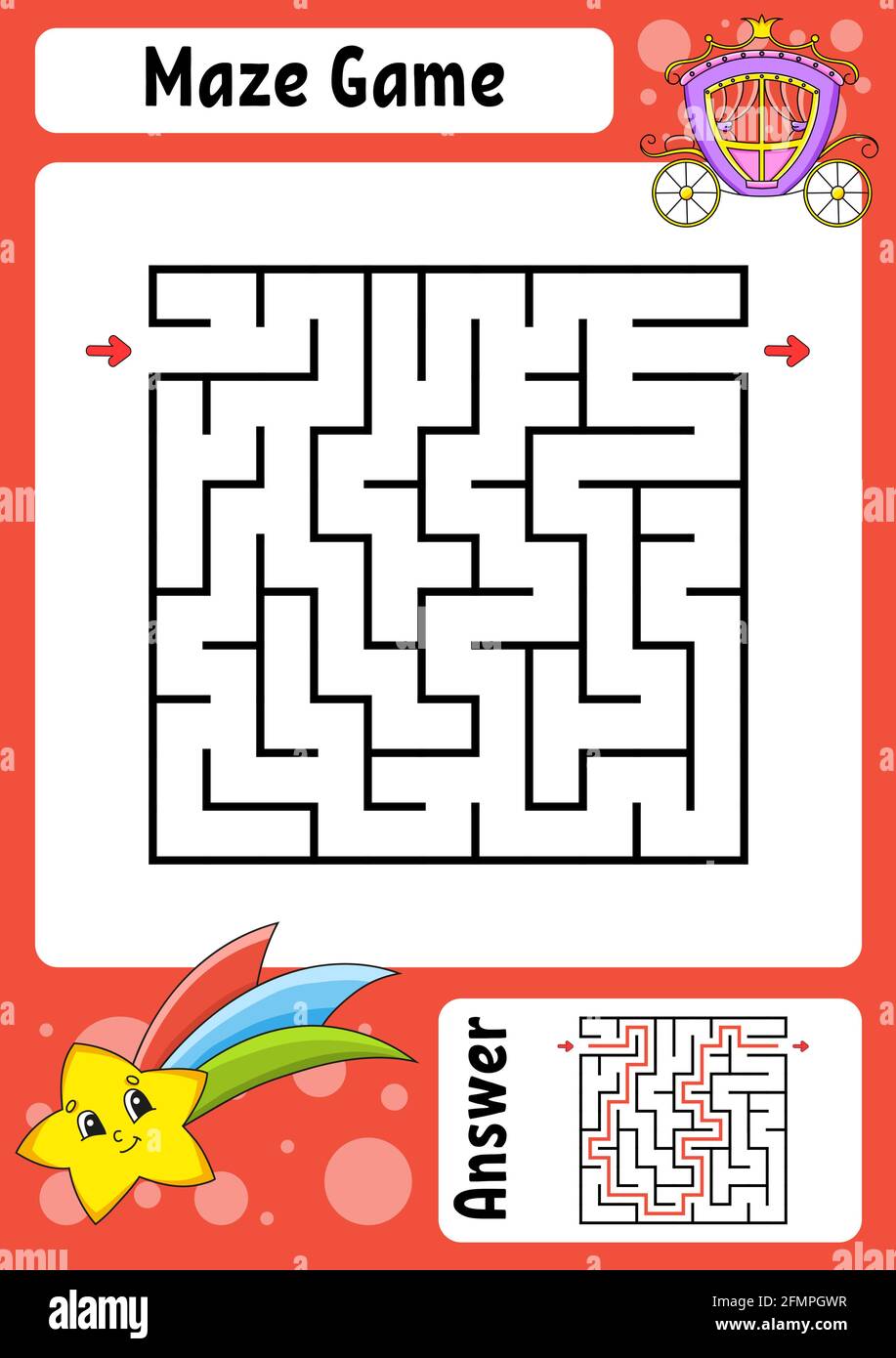 Labirinto quadrato. Gioco per bambini. Labirinto divertente. Foglio di lavoro per lo sviluppo dell'istruzione. Pagina attività. Puzzle per bambini. Stile cartone animato. Indovinello per prescolare. Illustrazione Vettoriale