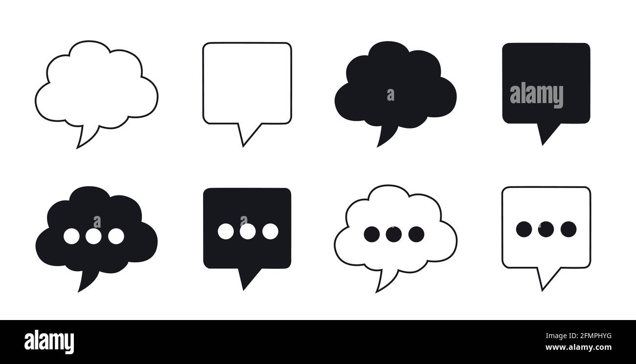 Fumetto di discussione e icone di chat, in bianco e nero Illustrazione Vettoriale