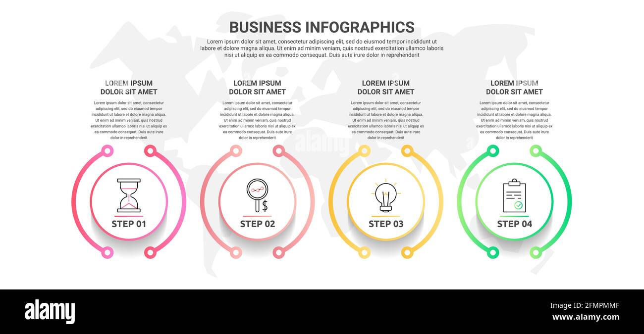 Modello infografico piatto vettoriale con quattro cerchi, elementi, settori. Moderno progettato per business, presentazioni, timeline, web design, banner Illustrazione Vettoriale