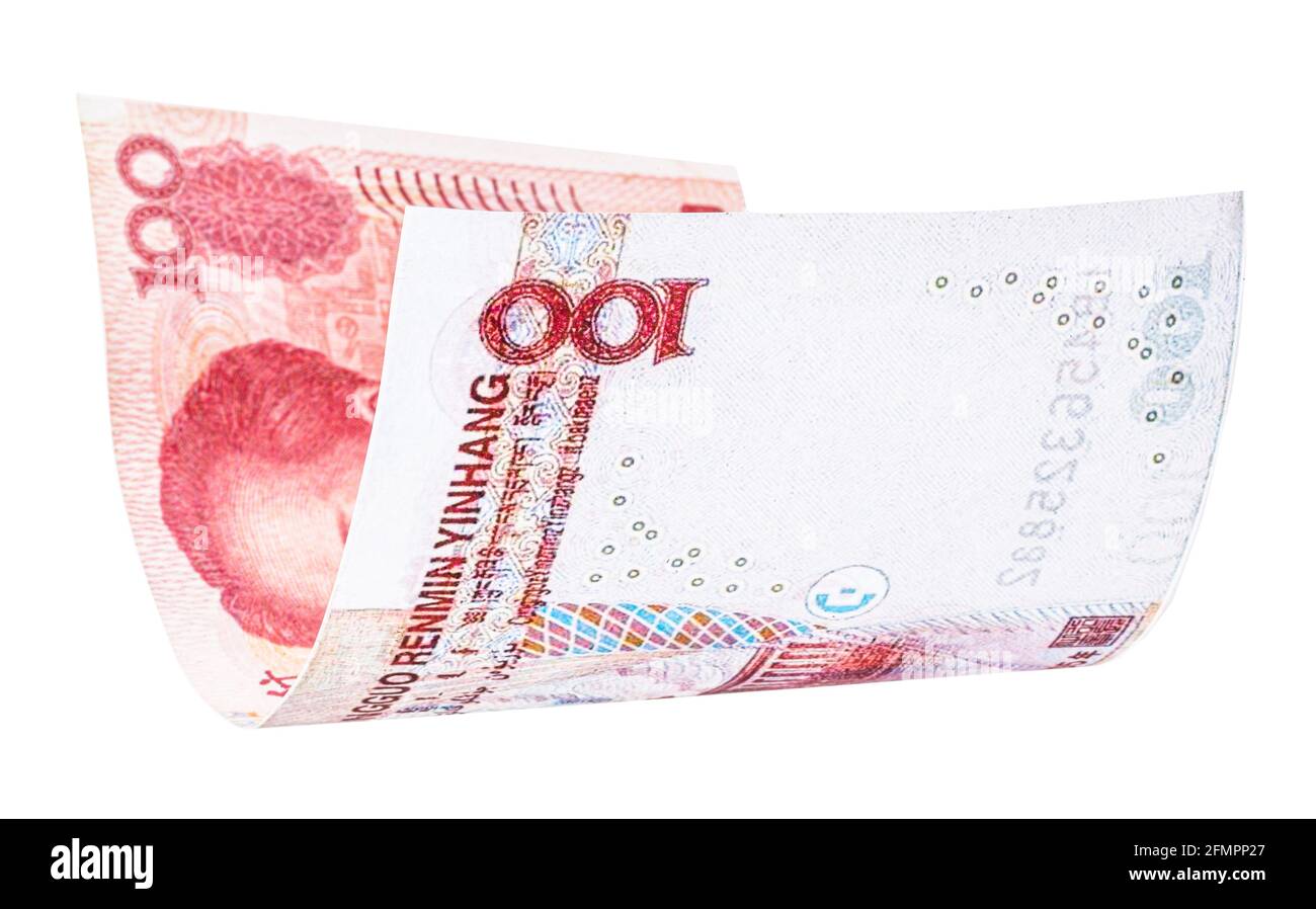 Banconota Yuan su sfondo bianco che cade, denaro cinese Foto Stock