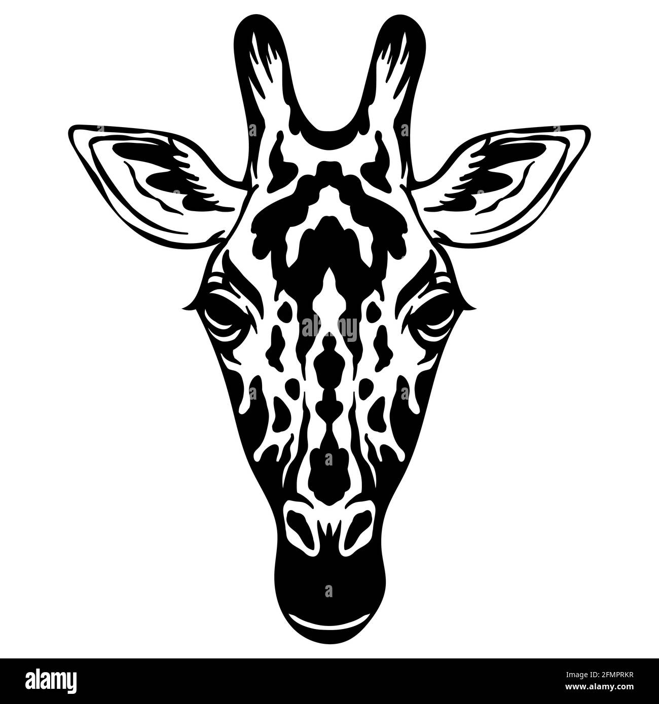 Mascotte. Testa di giraffa. Immagine vettoriale vista frontale di colore nero di animali selvatici isolati su sfondo bianco. Per decorazione, stampa, disegno, logo, Illustrazione Vettoriale