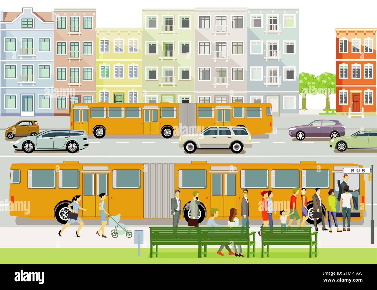 Autobus pubblico sulla fermata dell'autobus con illustrazione dei passeggeri Illustrazione Vettoriale