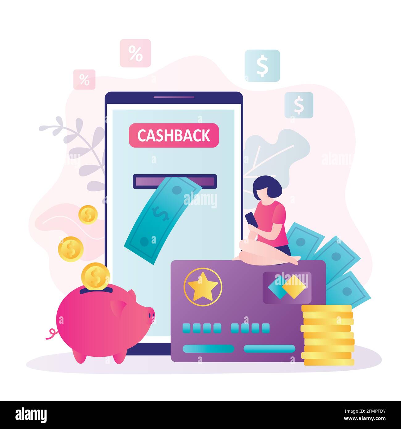 La donna usa lo smartphone, l'app online banking sullo schermo. Portafoglio e banca piggy con denaro. Concetto di cashback. Carta bonus, programma fedeltà. Premio, m Illustrazione Vettoriale