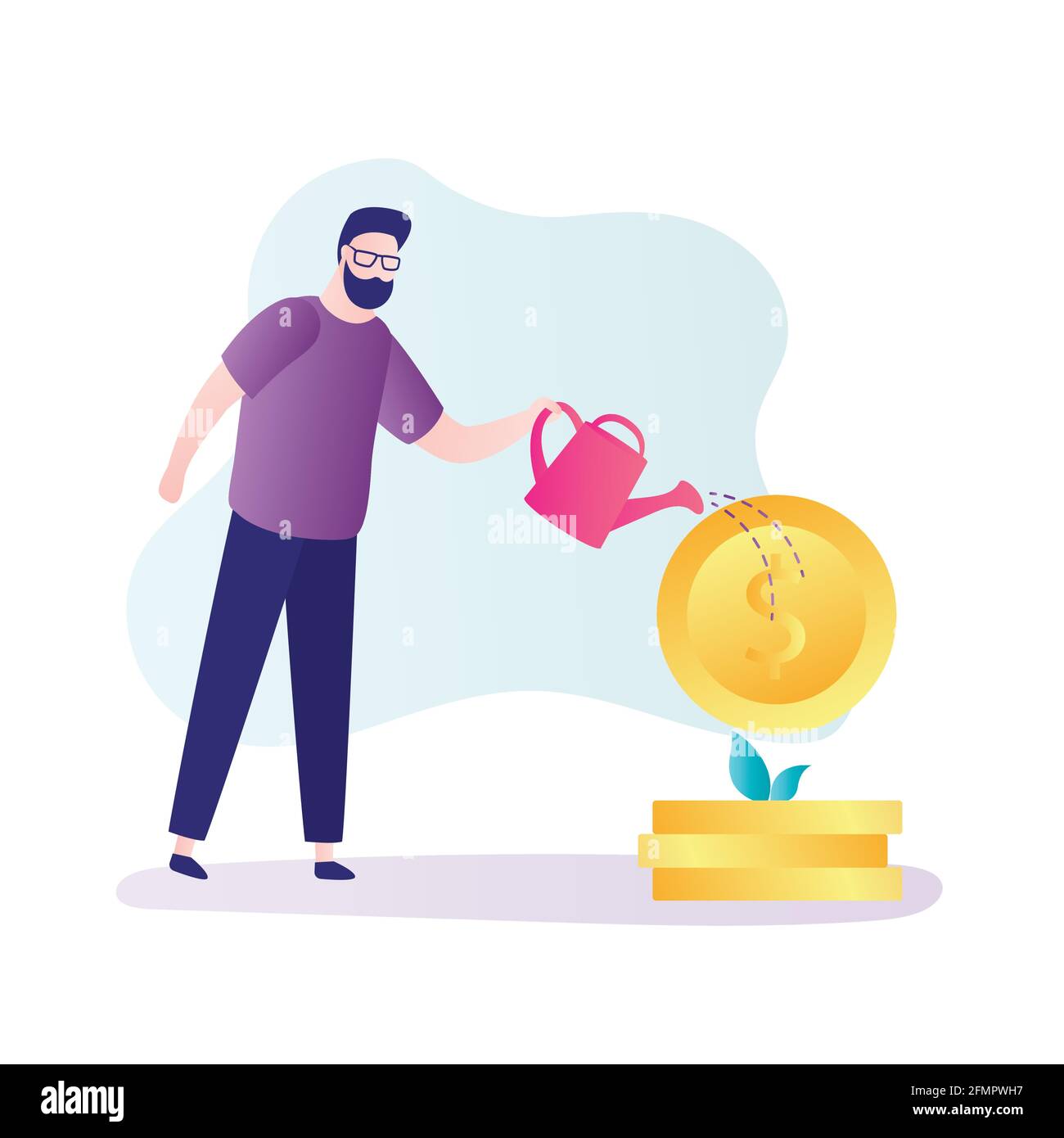 Bell'uomo d'affari innaffiatura albero di denaro. Concetto di investimento di denaro. Crescita della finanza aziendale. L'investitore aumenta il capitale. Le acque di carattere maschile per crescere Illustrazione Vettoriale