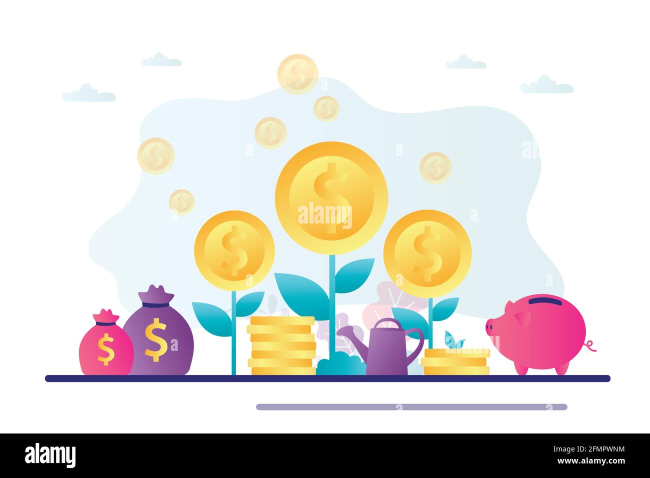 Alberi di denaro, banca piggy e sacchi di monete. Fondo di rischio, banner di concetto di investimento. Sviluppo bancario, strategia economica. Accumulo di denaro, presere Illustrazione Vettoriale