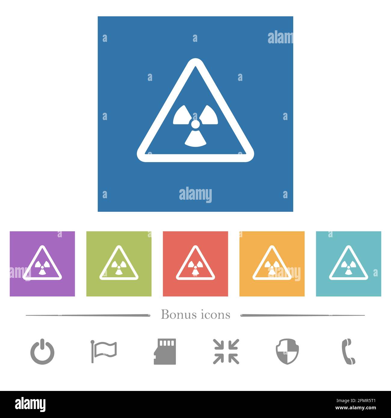 Avvertenza nucleare icone bianche piatte su sfondo quadrato. 6 icone bonus incluse. Illustrazione Vettoriale