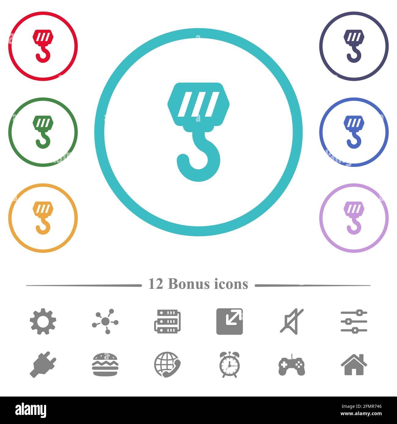 Icone a colori piatte del gancio di costruzione nei contorni a forma di cerchio. 12 icone bonus incluse. Illustrazione Vettoriale