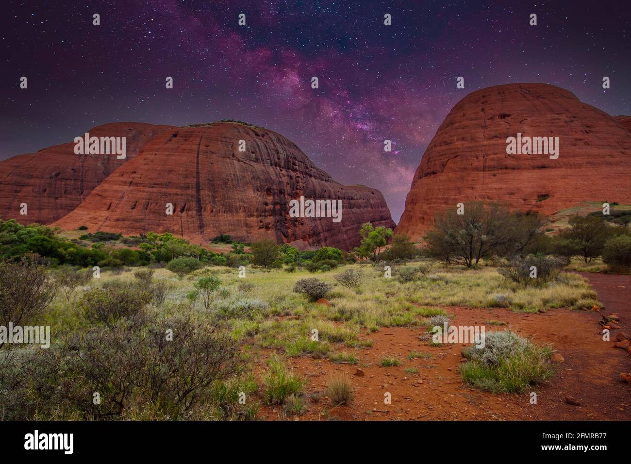 Scena notturna centro rosso Outback Australia Northern Territory con stellata cielo sopra la formazione solitaria di roccia rossa con il primo piano sopravvolta con tipico o Foto Stock