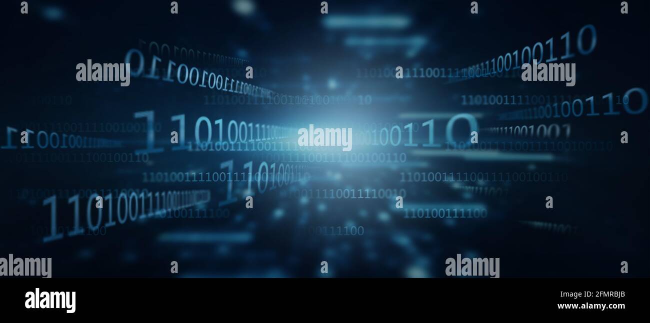 Sfondo a matrice binaria. Cifre che cadono su sfondo scuro. Dati astratti, concetto di programmazione. Illustrazione futuristica blu del cyberspazio. Foto Stock