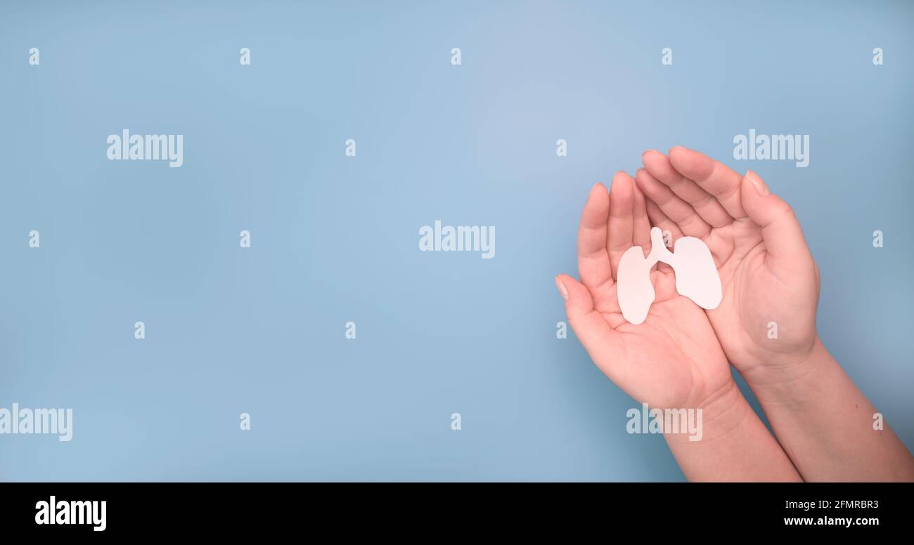 Mani femminili che tengono i polmoni tagliati di carta. Giornata mondiale del tabacco, virus corona covid-19, giornata mondiale della tubercolosi tubercolosi, epidemia, pandemia, epidemia, Foto Stock