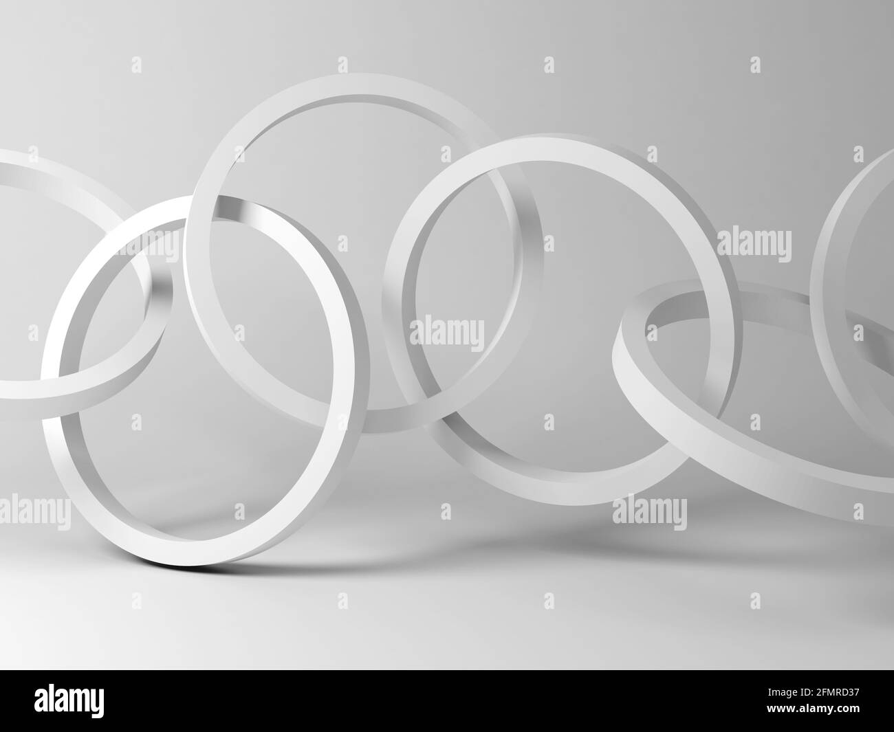 Catena di anelli bianchi, installazione astratta in uno studio vuoto vuoto, rappresentazione 3d Foto Stock