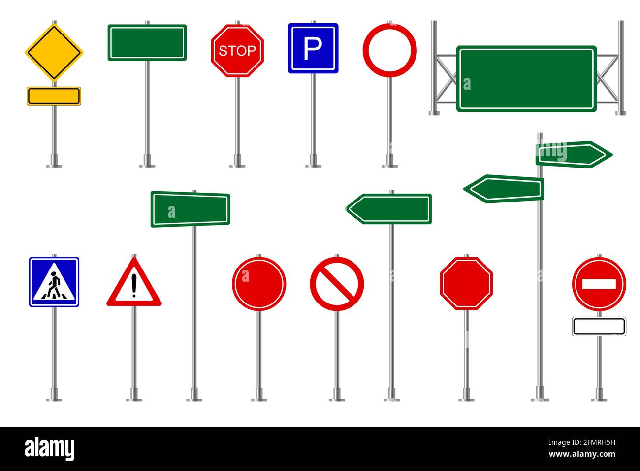 Segnaletica stradale. Segnaletica stradale e stradale, attenzione e sicurezza, limiti di velocità della vettura simboli autostradali vettoriali isolati. Indicazioni metalliche sui pali per la città, il traffico urbano. Puntatori per la guida Illustrazione Vettoriale