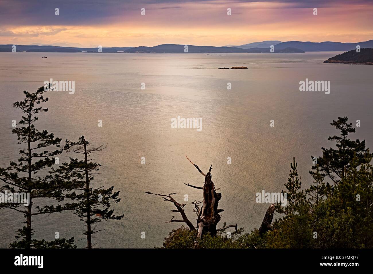 WA19584-00...WASHINGTON - stretto del Rosario e vista delle isole di San Jaun dallo Sharpe Park nel tardo pomeriggio sull'isola di Fidalgo. Foto Stock