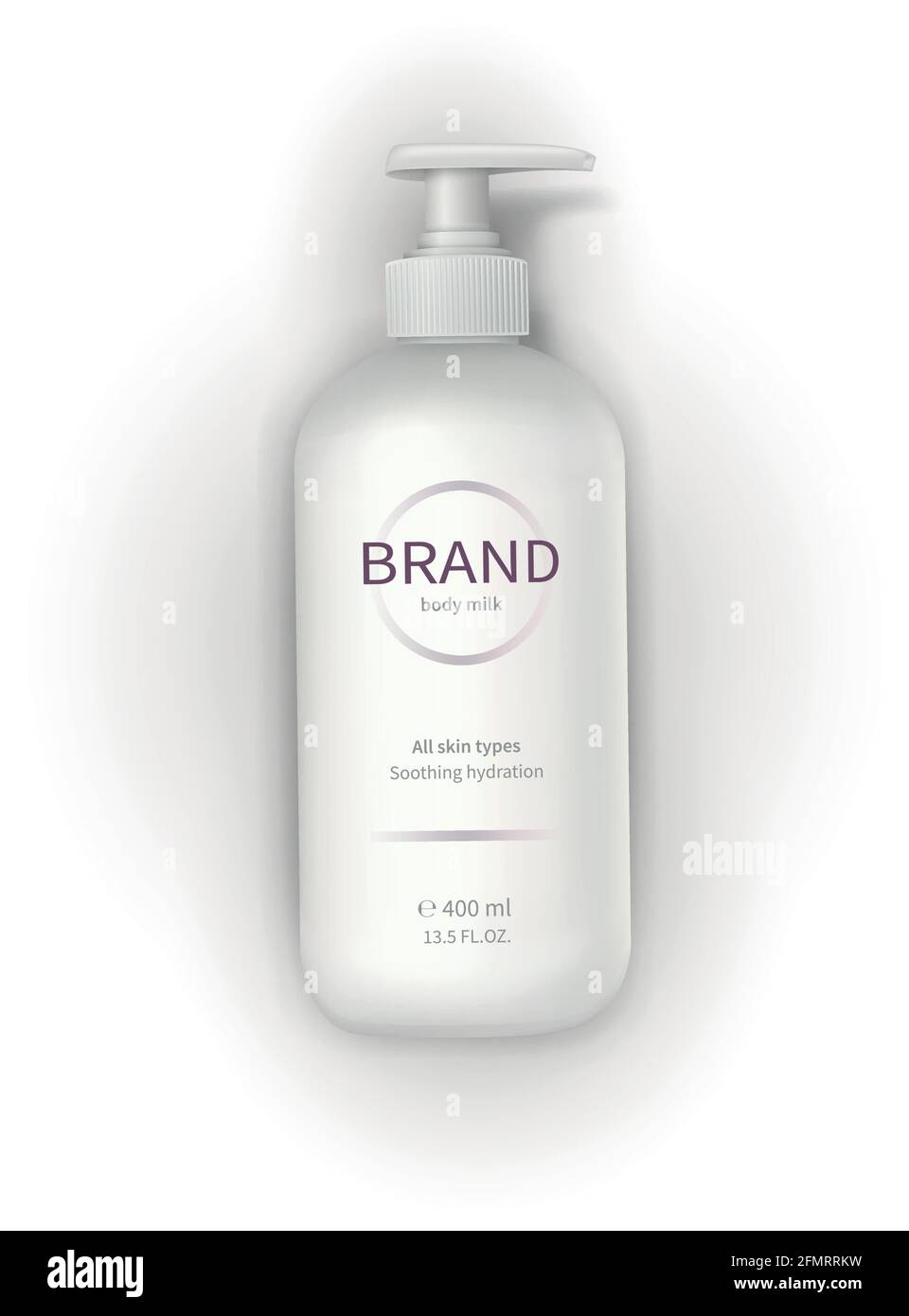 Modello per contenitori cosmetici Vector Realistic, flacone in plastica bianca con dispenser, pompa ed etichetta del marchio isolato su sfondo bianco. Cosmetici per la cura della pelle, crema, lozione, sapone liquido o schiuma da bagno Illustrazione Vettoriale