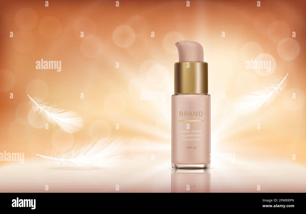 Banner vettoriale realistico cosmetico con fondazione per trucco perfetto, cosmetici decorativi. Fondazioni liquide, fluido in bottiglia con dispenser e piume bianche morbide, mock up per riviste lucide Illustrazione Vettoriale