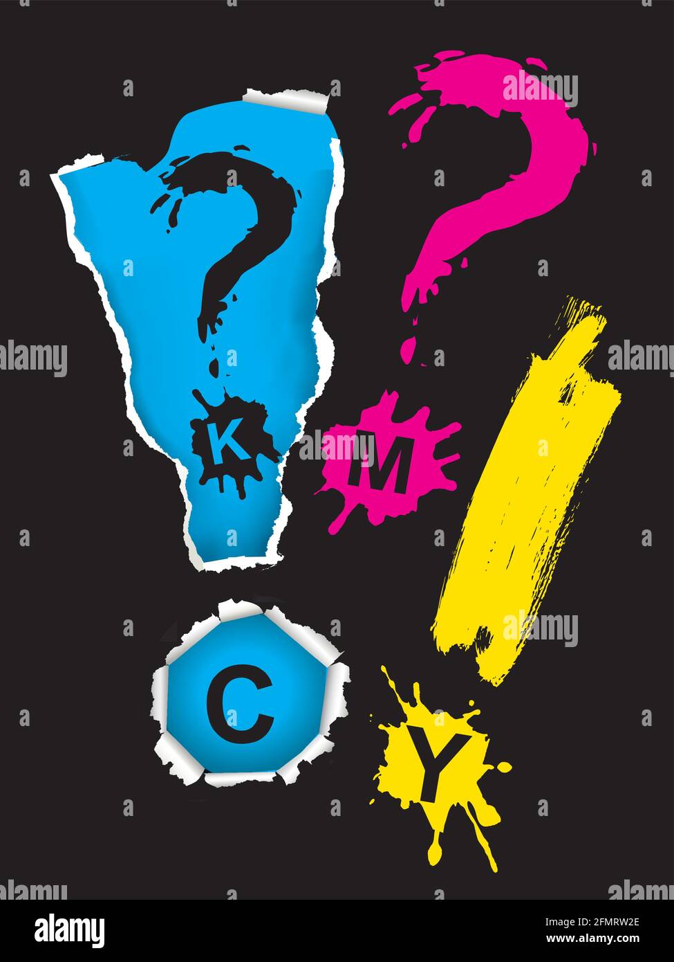 Stampa CMYK di colori, simboli, spruzzi. Illustrazione dei segni di esclamazione espressiva e di acquisizione con caratteri CMYK. Vettore disponibile. Illustrazione Vettoriale