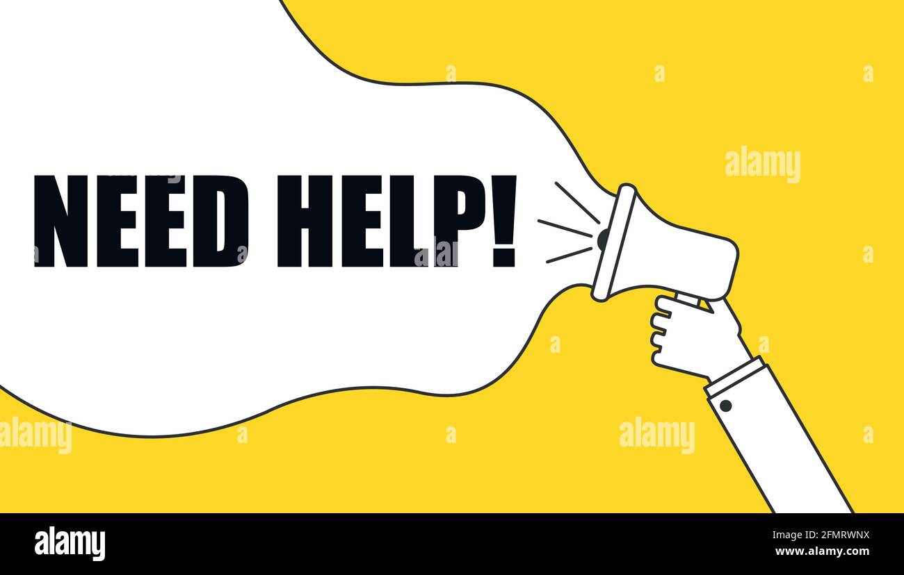 Aiuto Megaphone Annuncio isolato su sfondo giallo. Illustrazione Vettoriale