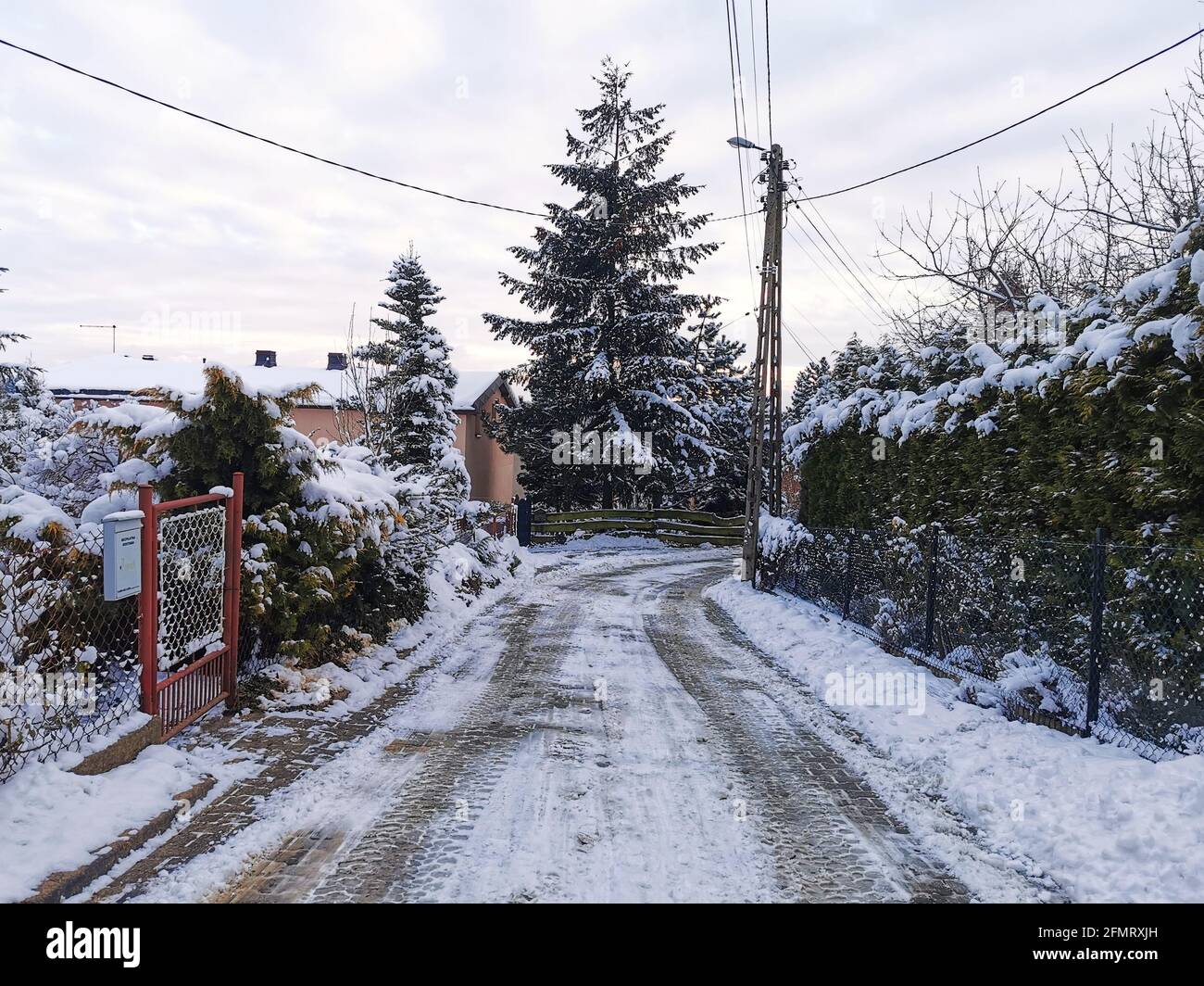 Winter Wonderland, piccole strade delle montagne polacche, neve sugli alberi, grandangolo, vista verticale e orizzontale, Foto Stock