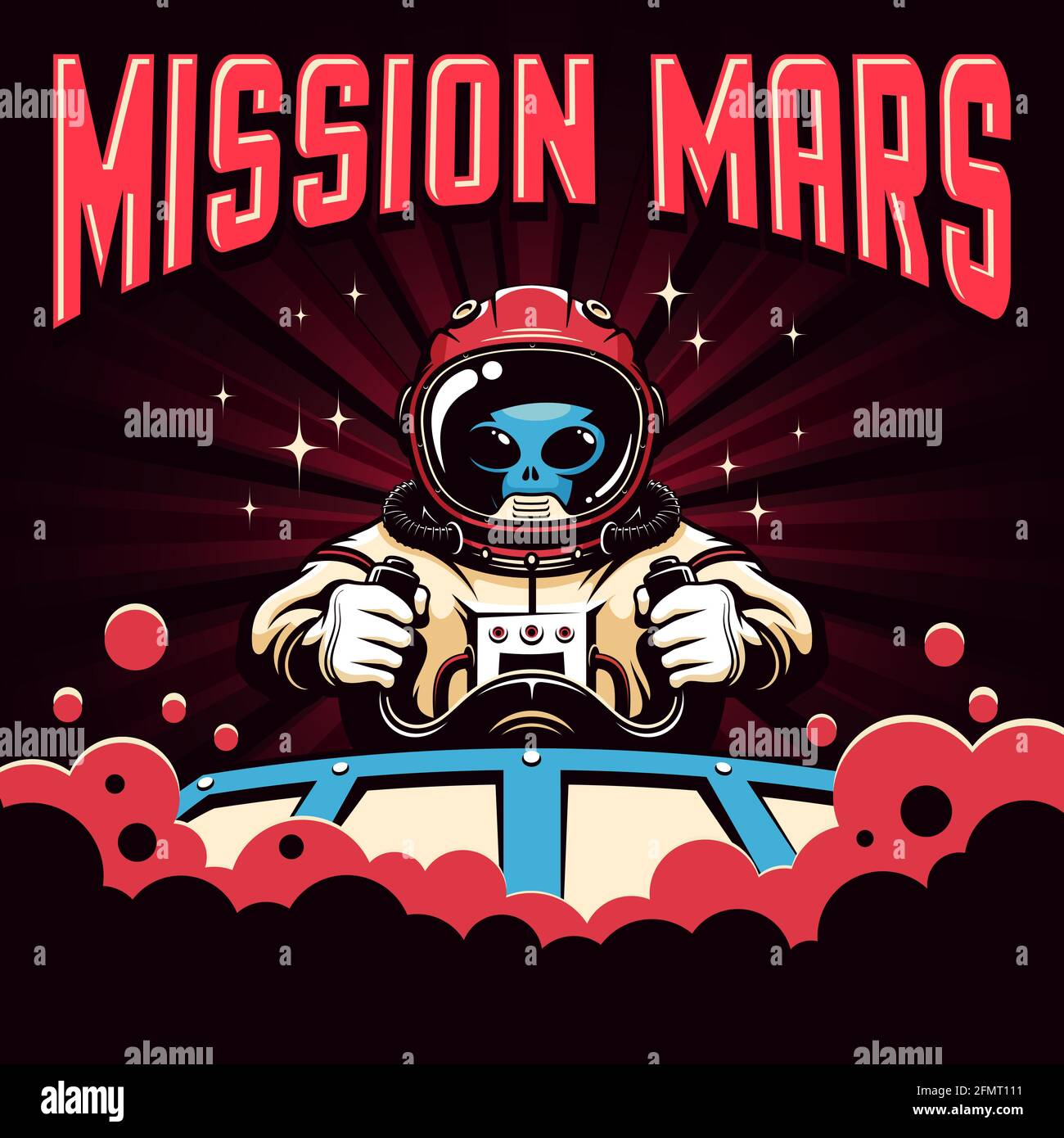 Missione Marte poster retrò con pilota alieno Illustrazione Vettoriale