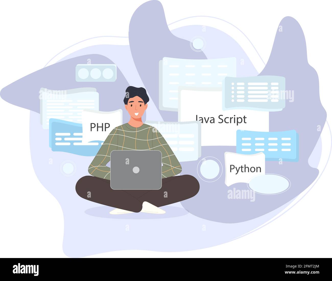 Sviluppatori di software che utilizzano la codifica degli script. Programmazione dei caratteri in php, python, JavaScript, altri linguaggi. Illustrazione vettoriale Illustrazione Vettoriale