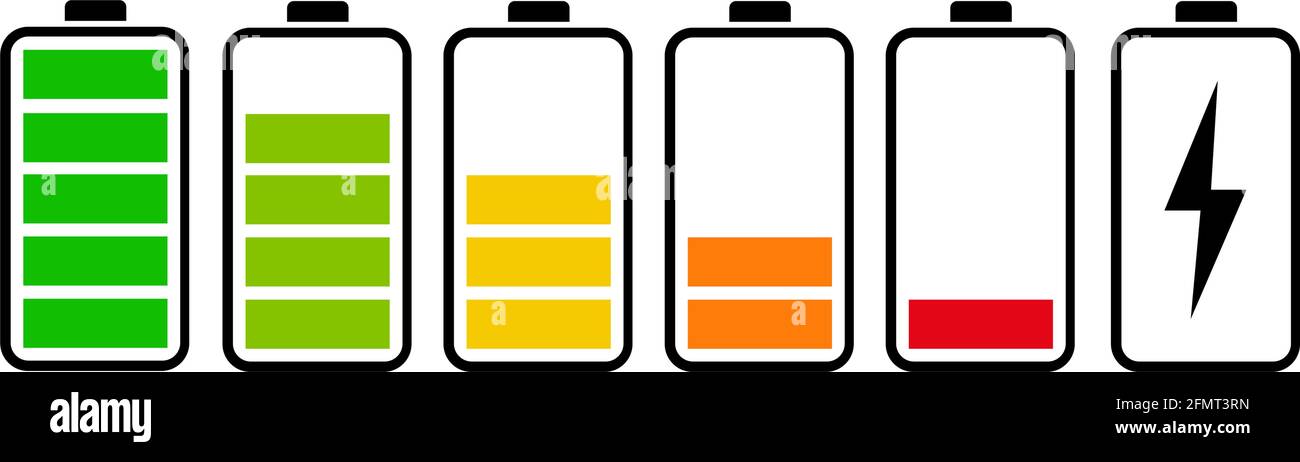 LE ICONE DELLA BATTERIA CONSENTONO DI IMPOSTARE GLI INDICATORI DI LIVELLO. DURATA DELLA BATTERIA, ACCUMULATORE, BATTERIA IN ESAURIMENTO, RICARICA DELLA BATTERIA Illustrazione Vettoriale