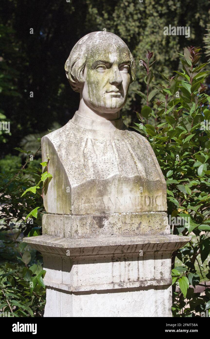 Busto di marmo di Giovanni De' Medici. Giardini del Pincio, Roma, Italia Foto Stock