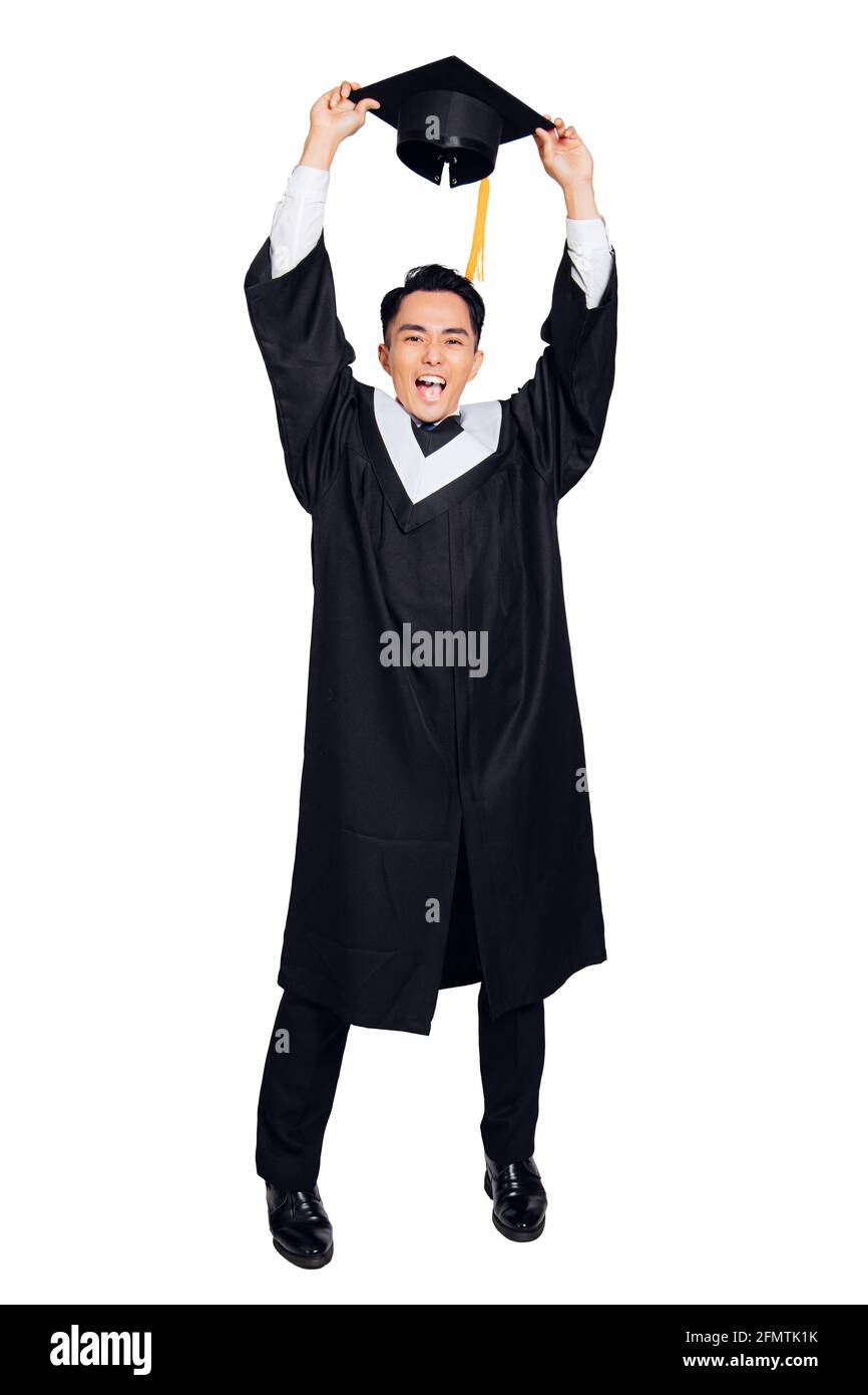 Tutta la lunghezza della graduazione maschile giovane eccitata Foto Stock