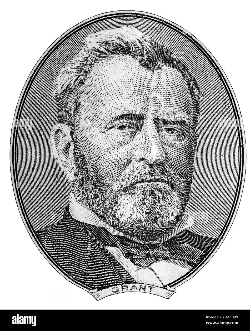 Salva Scarica Anteprima 'Ulysses S. Grant' faccia su US cinquanta o 50 dollari fattura macro stati uniti primo piano di denaro su sfondo bianco Foto Stock